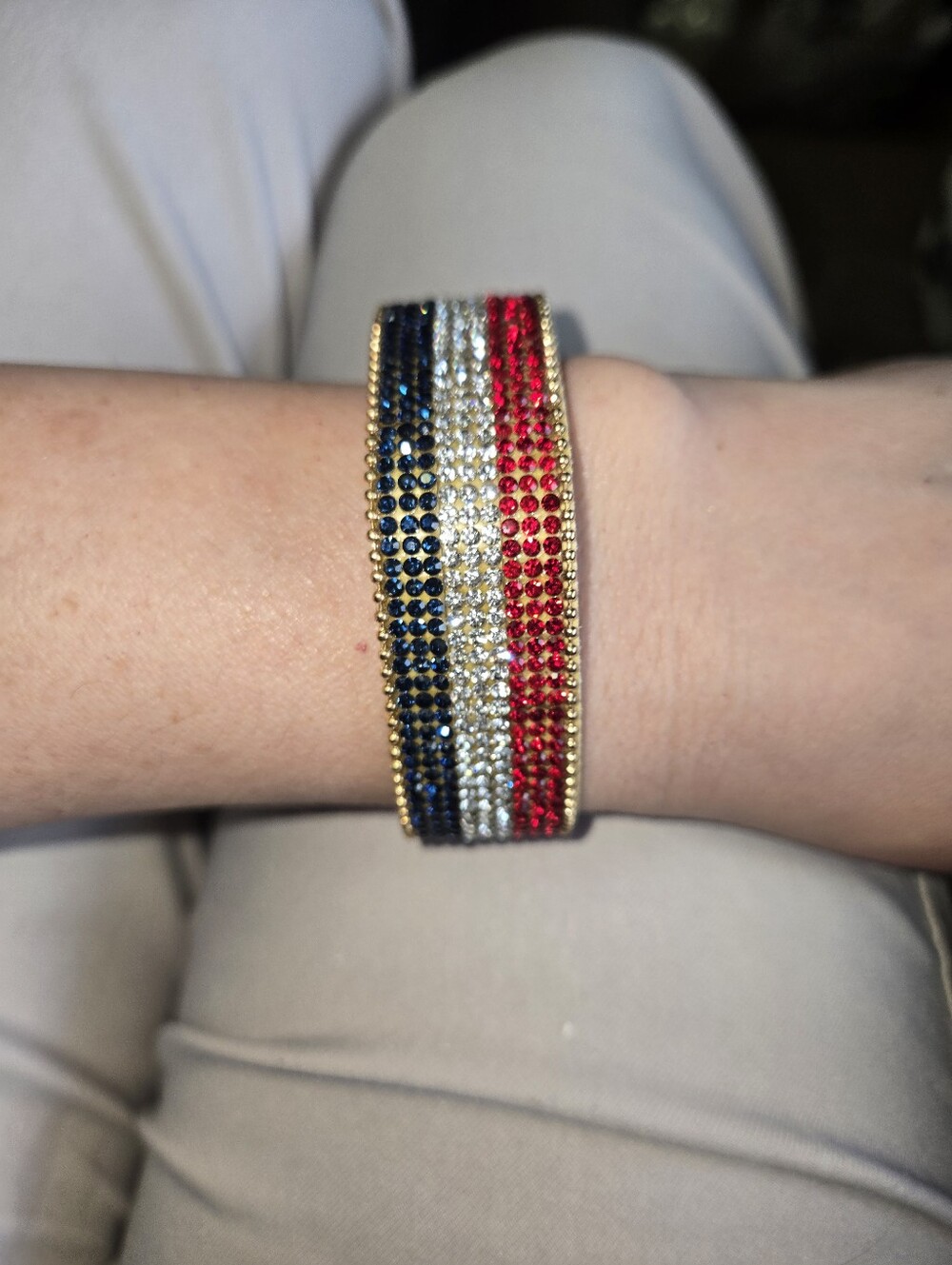 Red, White & Blue Crystal Stripe Bracelet Handmade With Magnetic Closure 356